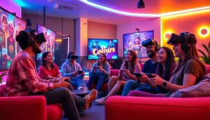 Players enjoying free porn games together in a vibrant gaming lounge setting.