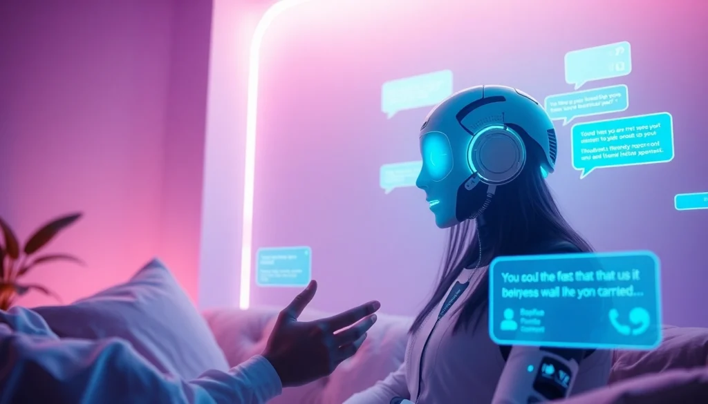 An interactive scene showcasing 'ai sex chat' with a friendly AI chatbot in a modern digital space, colorful chat interfaces.