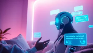 An interactive scene showcasing 'ai sex chat' with a friendly AI chatbot in a modern digital space, colorful chat interfaces.