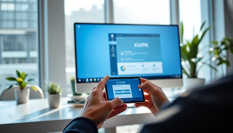 现代办公室场景中的快连VPN应用界面，象征安全连接。