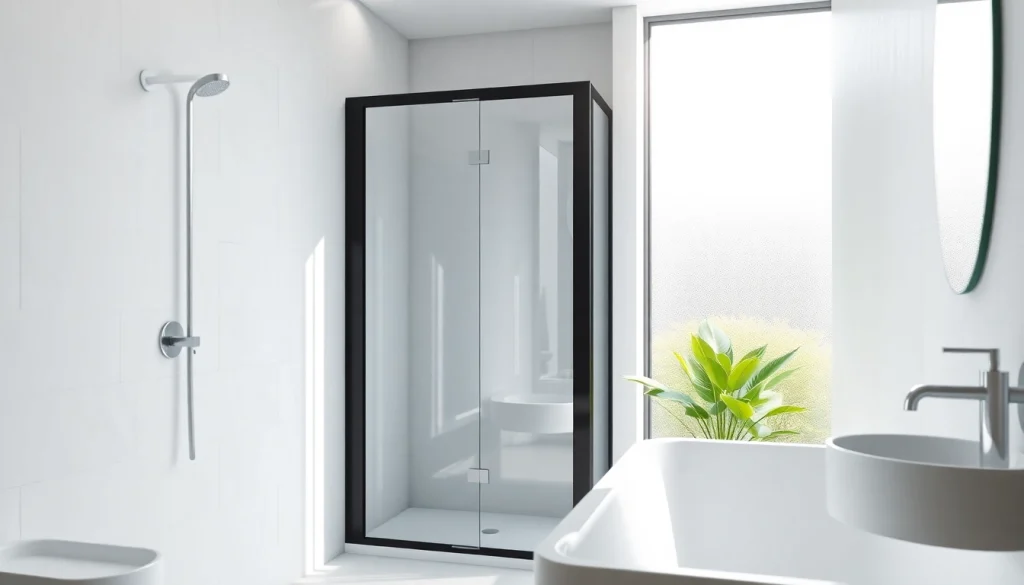 Stylish shower door black frame in a modern bathroom showcasing sleek design and natural light.