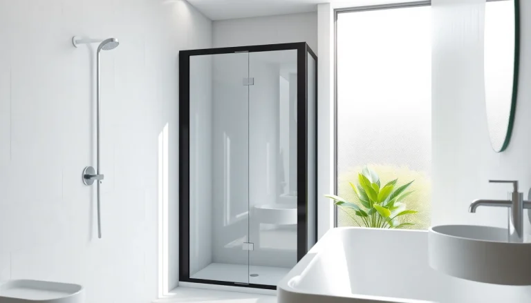Stylish shower door black frame in a modern bathroom showcasing sleek design and natural light.