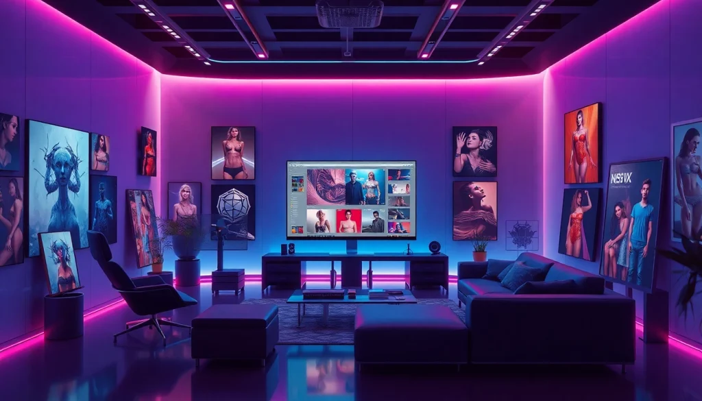 AI NSFW art creation in a modern digital studio with vibrant artworks.