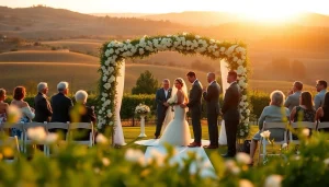 Celebrate at Clarksburg Wedding Venues with beautiful floral decor and stunning vineyard backdrop.