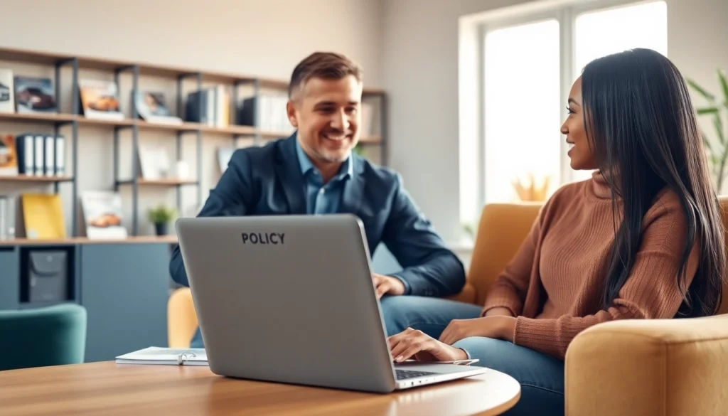 Engaging visual of a couple learning about their auto protection plan options with a consultant.