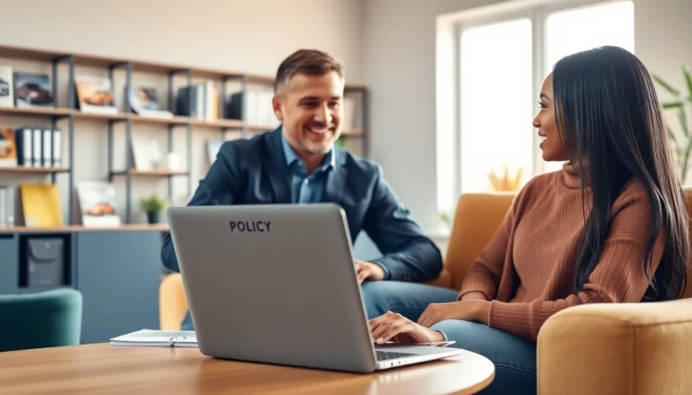 Engaging visual of a couple learning about their auto protection plan options with a consultant.
