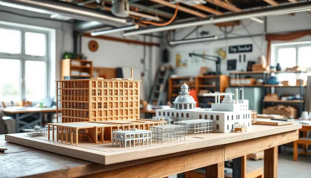 Präsentation von architekturmodellbau Wuppertal in einem kreativen Studio mit Miniaturmodellen.