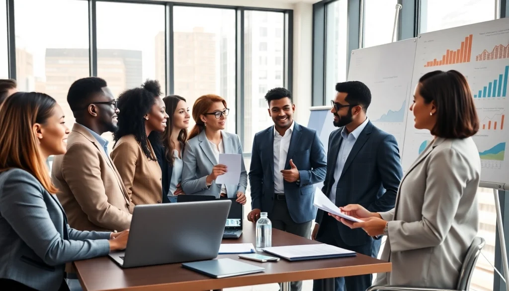 Engaging scene of a team discussing business growth insights in a modern office.