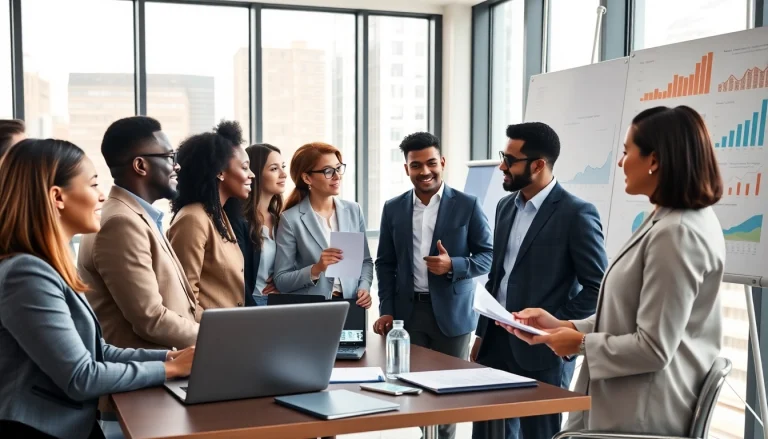 Engaging scene of a team discussing business growth insights in a modern office.