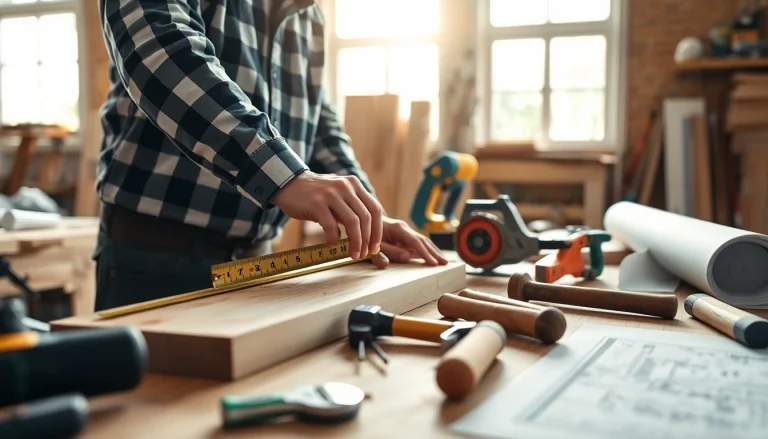 Carpentry Apprenticeship Near Me, showcasing a professional carpenter measuring wood in a bright workshop.