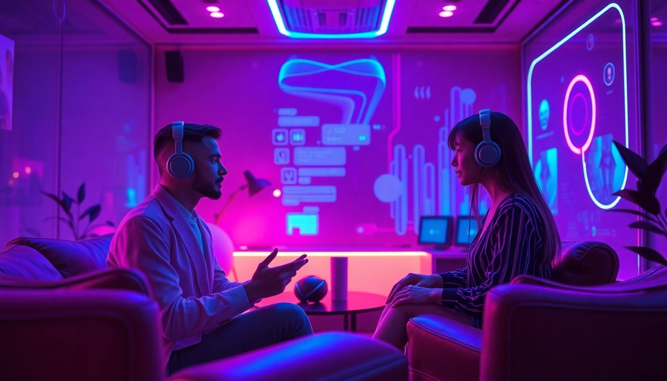Engaging NSFW AI conversation in a futuristic digital lounge with vibrant colors.