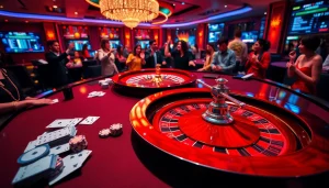 MM88 casino players enjoying a thrilling poker game with vibrant chips and cards on a luxurious table.