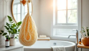 Experience the refreshing essence of the best back loofah hanging elegantly in a tranquil bathroom setting.