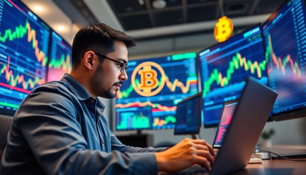 Acheter bitcoin dans un bureau moderne avec des graphiques numériques animés.