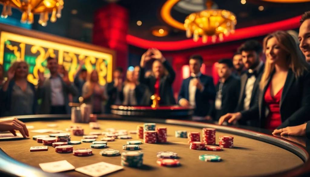 Players engage in a thrilling poker game at GO8 casino, showcasing excitement and high stakes.