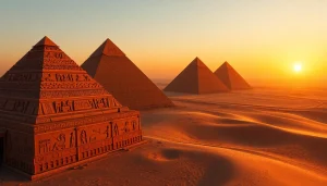 Pyraminds standing majestically against a sunset backdrop, revealing ancient Egyptian architecture.