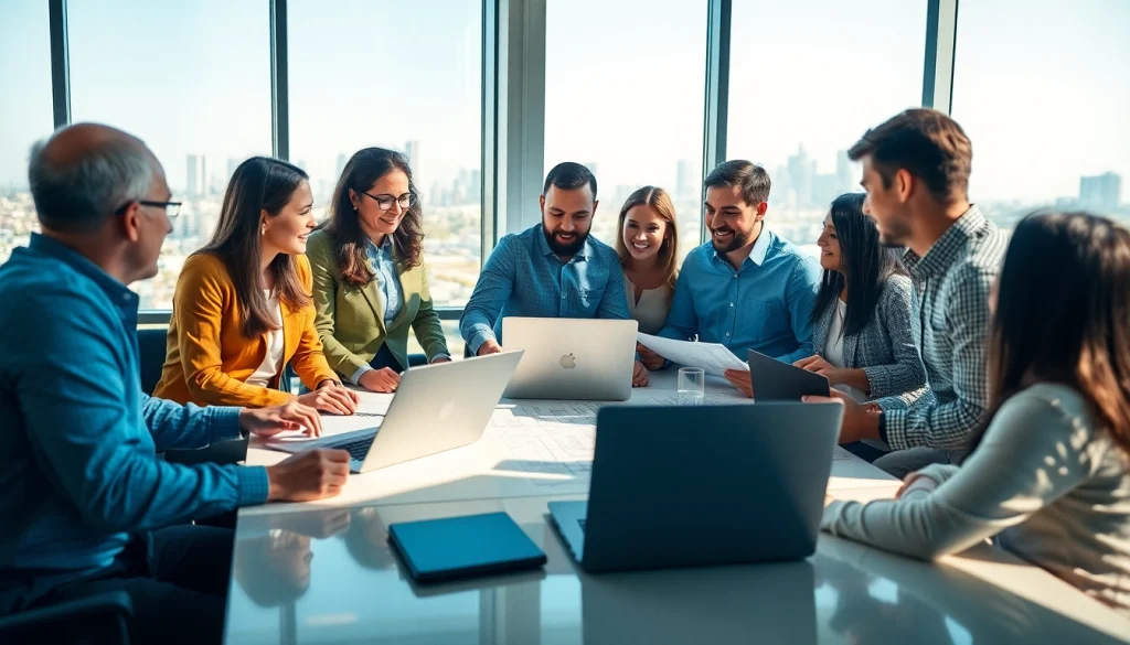 Members of the southern california contractors association collaborating on project plans in a modern office.
