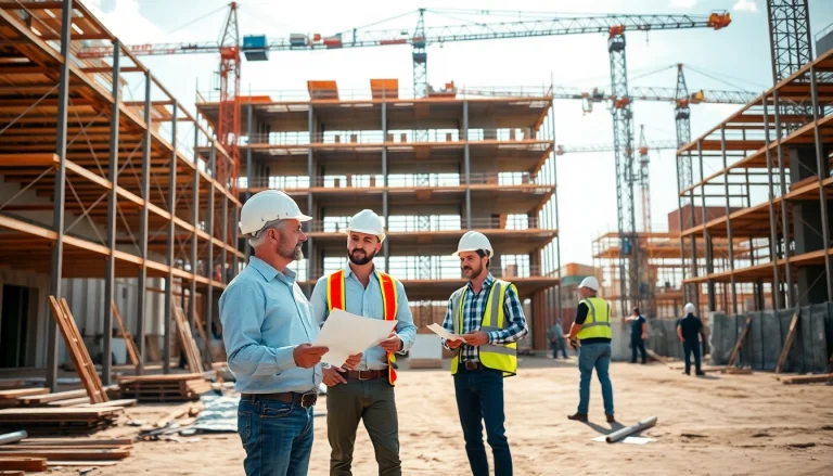 Workers collaborating at an Austin construction site, showcasing teamwork and progress.