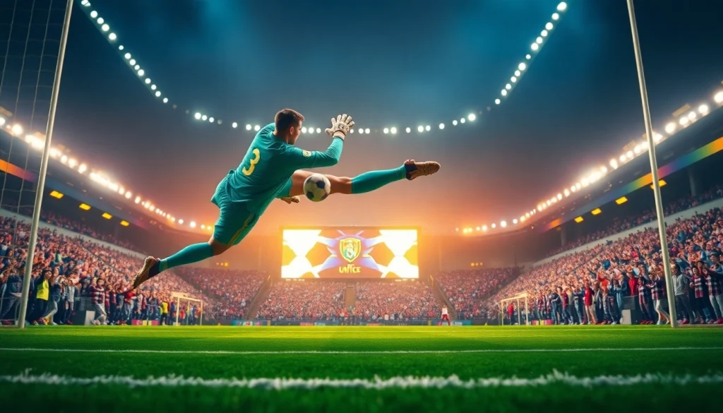 Save a penalty shot in football with dynamic action showcasing ผลบอลสดgoal statistics.