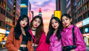 The Blackpink members in vibrant outfits sharing a moment, showcasing their unique styles.