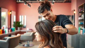 Creating a chic hairstyle bucuresti in a modern salon setting with vibrant colors.