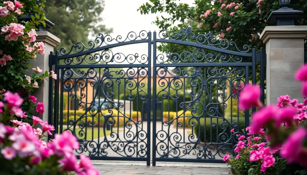 Custom steel gates beautifully designed in a garden, showcasing intricate craftsmanship and elegance.