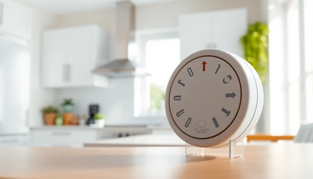 Carbon monoxide detector beeping in a modern kitchen setting, illustrating safety awareness.