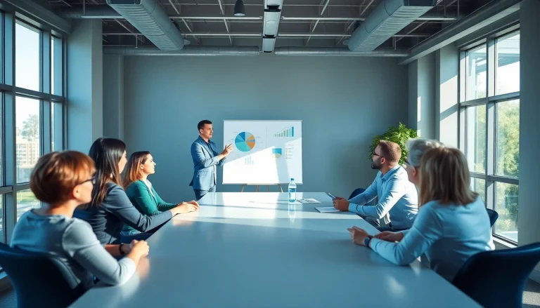 Engaging group session for a business coaching service in a collaborative office setting.