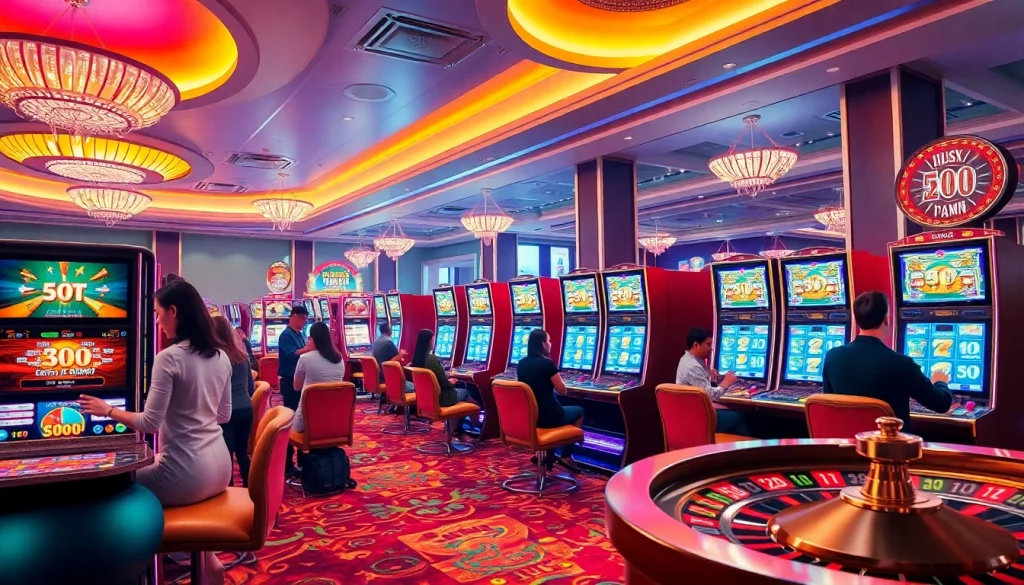 Players enjoying slot depo pulsa on vibrant, modern machines in a luxurious casino setting.