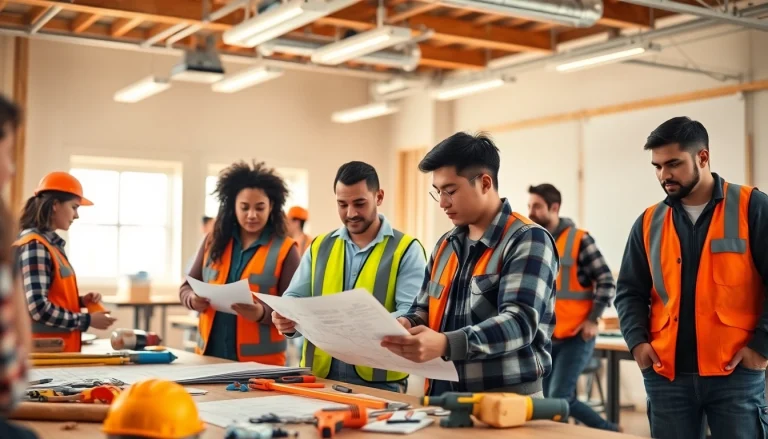 Engaged students learning in hands-on construction training programs with tools and blueprints.
