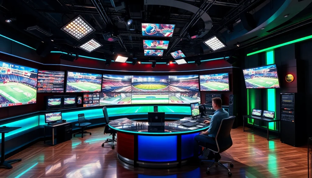 Dynamic scene of Sports Broadcasting in a professional studio with live sports feeds.