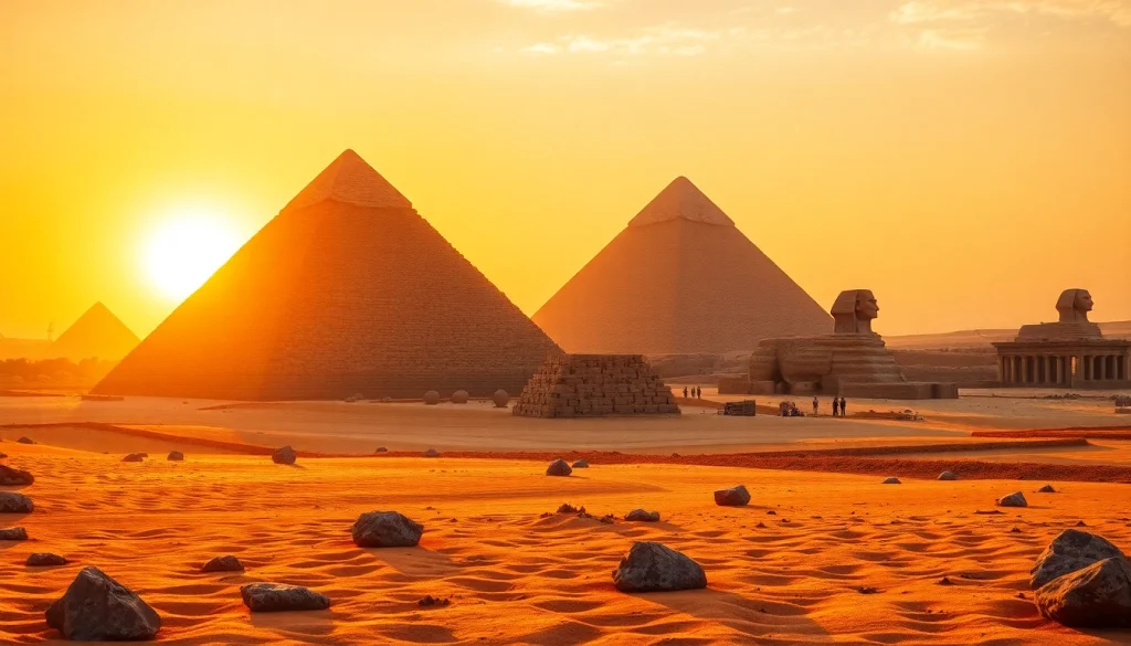 Capture of piraminds against a vibrant sunset showcasing ancient Egyptian architecture.