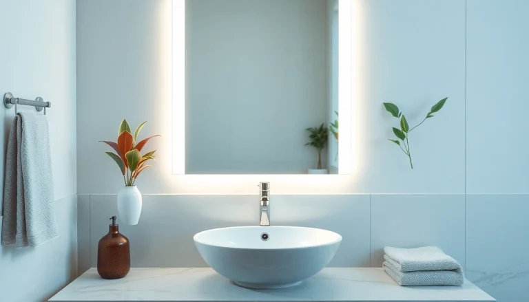 Stylish mirror with Lights illuminating a modern bathroom setting, enhancing brightness and elegance.