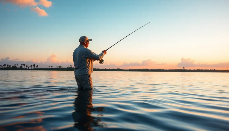 Angler practicing saltwater fly fishing on a serene flat during sunset with vibrant reflections.