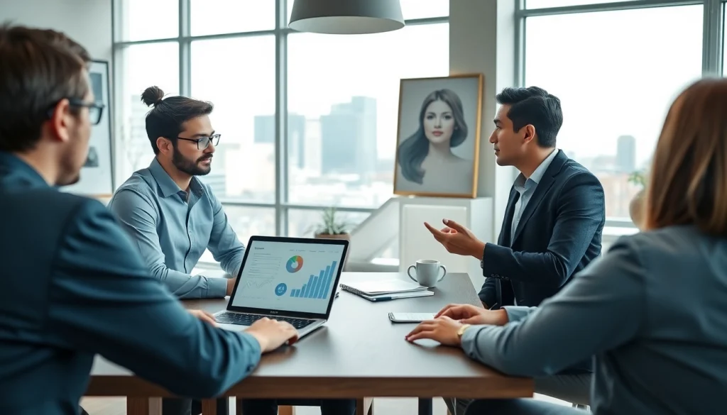 Marketing Consultant discussing strategies with clients in a modern office.