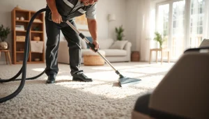 Performing pet odor carpet cleaning in a bright living room with a focused technician.