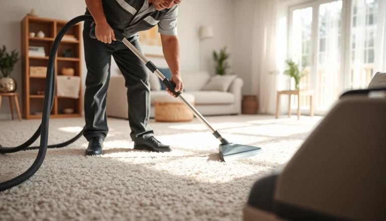 Performing pet odor carpet cleaning in a bright living room with a focused technician.