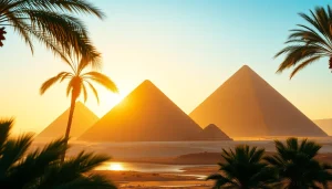 View the stunning pyramids of Giza reflecting early sunlight in a captivating landscape.