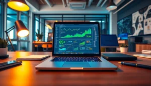 Web scrapping analytics displayed on a laptop in a modern tech workspace