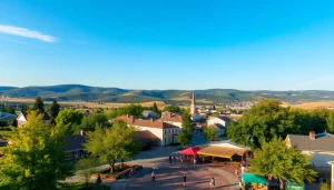 Clarksburg bustling town square filled with community members and vibrant activity.