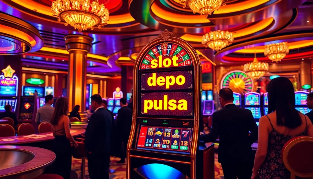 Rasakan pengalaman slot depo pulsa di kasino mewah, menampilkan pemain yang antusias dan mesin-mesin yang berwarna-warni.