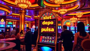 Rasakan pengalaman slot depo pulsa di kasino mewah, menampilkan pemain yang antusias dan mesin-mesin yang berwarna-warni.