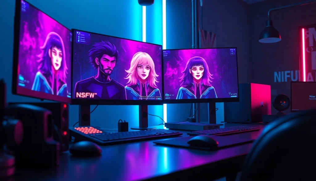 Dynamic workspace showcasing NSFW character AI development with artistic screens and digital devices.