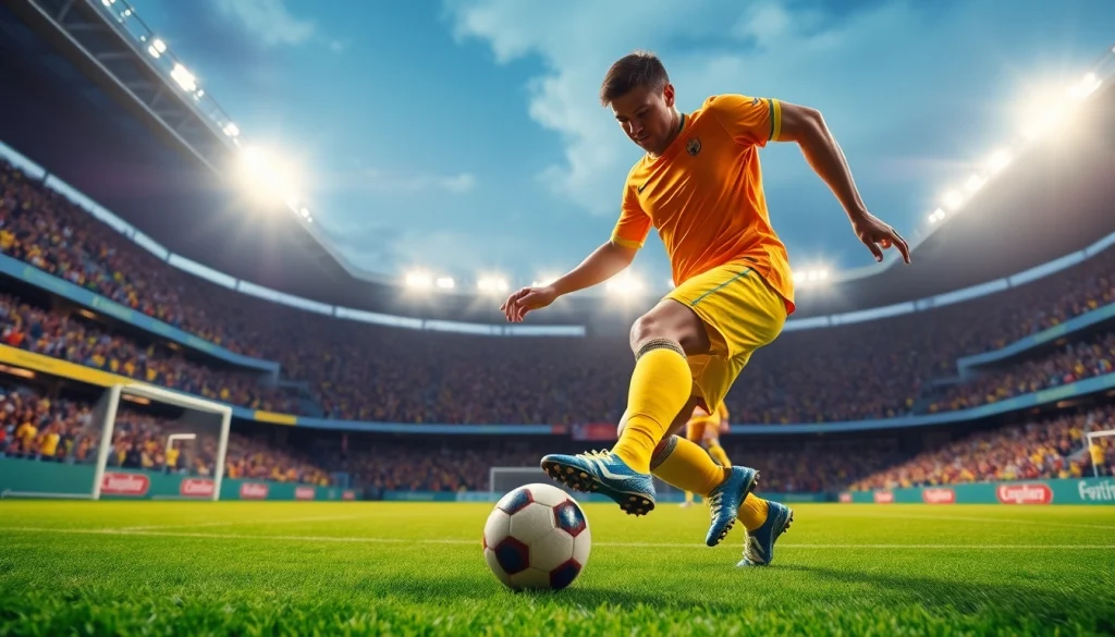 ติดตามผลบอลgoal ล่าสุดกับนักฟุตบอลที่กำลังทำประตูในสนามที่มีแฟนคลับเชียร์อย่างล้นหลาม