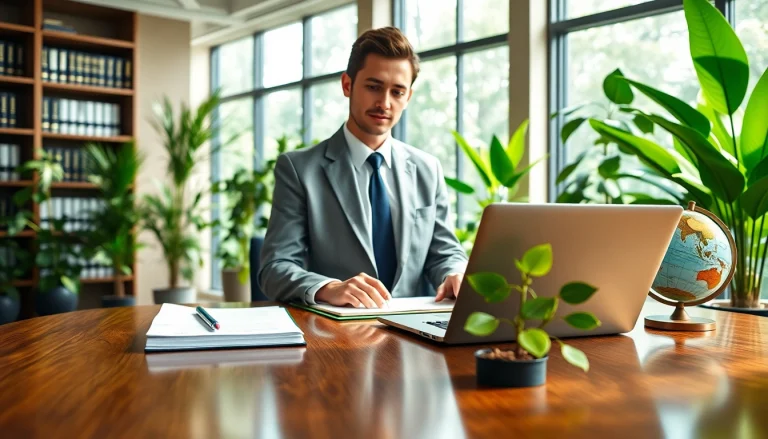 Environmental lawyer consulting clients in a bright office, surrounded by greenery.