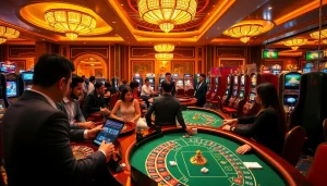 Experience Gopay88 Daftar gameplay at an opulent casino with players at exciting tables.