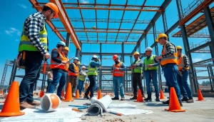 Workers performing structural steel installation on a construction site with precision and teamwork.