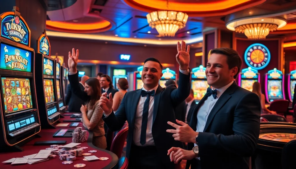 A player enjoying idnslot at a luxurious casino, surrounded by vibrant slot machines and festive ambiance.