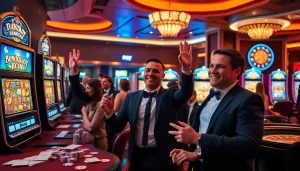 A player enjoying idnslot at a luxurious casino, surrounded by vibrant slot machines and festive ambiance.