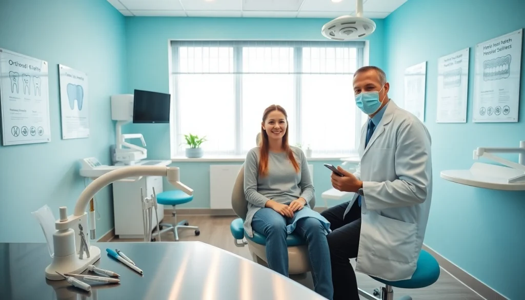 Dental clinic interior focusing on 歯並び 悪い treatment with a friendly dentist assisting a patient.